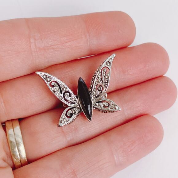 Vintage Silver Tone Butterfly Brooch Black Glass Marcasite Style 1970s - Picture 6 of 10